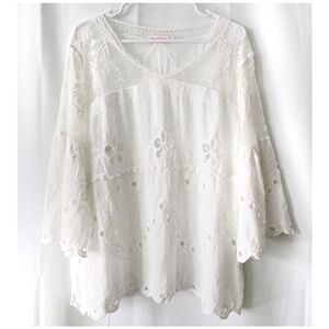 ANA & ROSE Bohemian Eyelet Lace Peasant Tunic Top - White XL